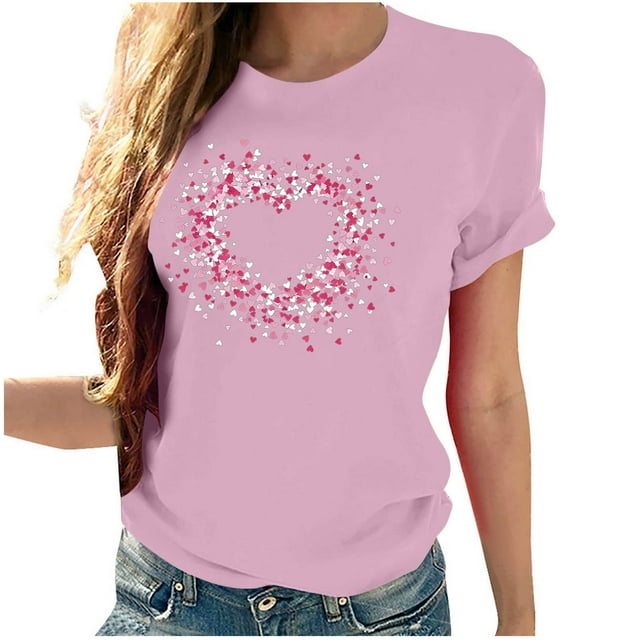 Timegard T-Shirts de la Saint-Valentin pour Femmes, Imprimé de Cœur, T-Shirt à Manches Courtes, Haut Décontracté à Col Rond, Cadeau pour Amoureuse