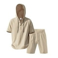 thumbnail image 4 of Conjunto de Pantalones Cortos para Hombre 2 Piezas Outfits Color Sólido Botón Cordón de Lino Camiseta con Capucha Y Pantalones Cortos de Playa, 4 of 9