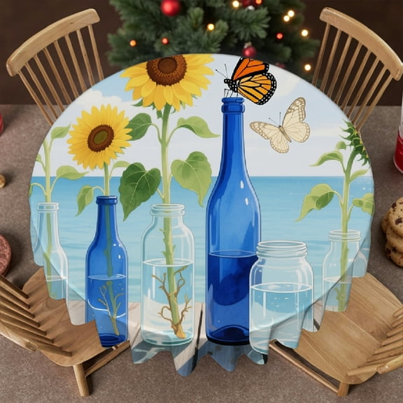 Tablecloth for dining table round - Sunflower In Vase Print, Festive Table Setting Holiday-Themed Design Family Round Tablecloth, Cafe, picnic,60x60 Inch