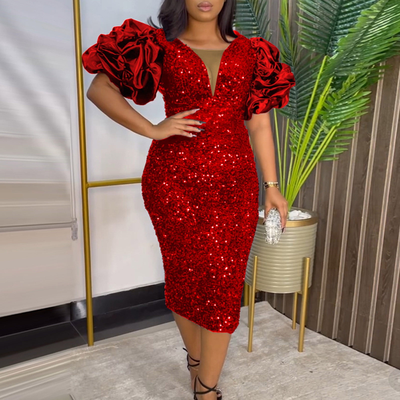 fartey Women Plus Size Sparkly Sequins Dress Deep V Neck Bodycon Dresses  Slim Fit Ruffle Sleeve Maxi Sundress Elegant Trendy Glitter Evening Party  Club Dresses