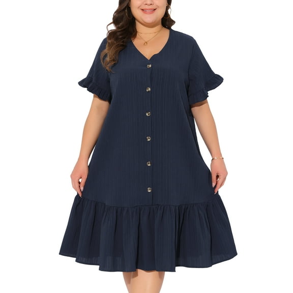 DARING DIVA Plus Size V Neck Short Sleeves Ruffle Hem Beach Dress 1X Dark Blue