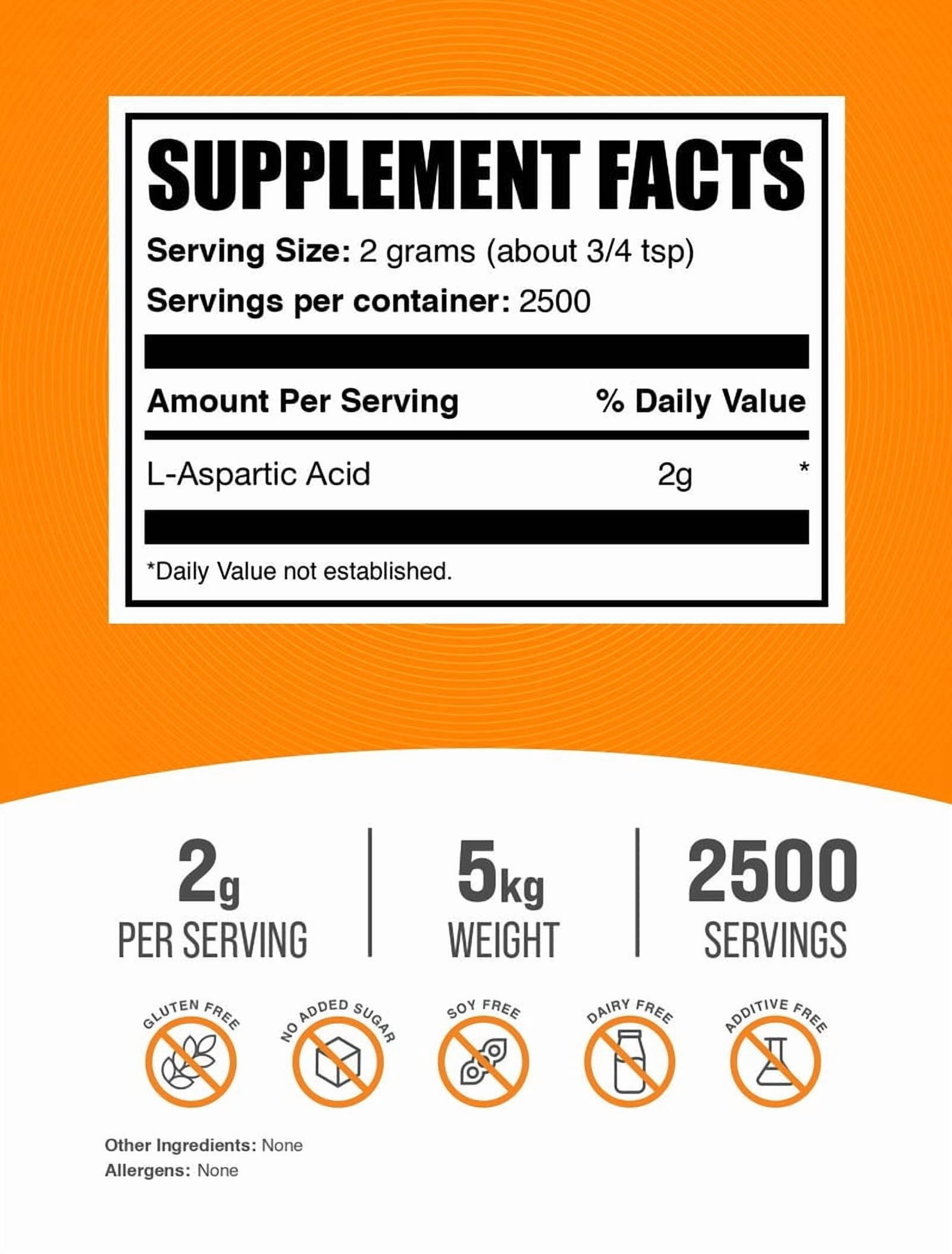 BulkSupplements L-Aspartic Acid Powder - 2g per Serving - 5 Kilograms (11 lbs) - 2500 Servings