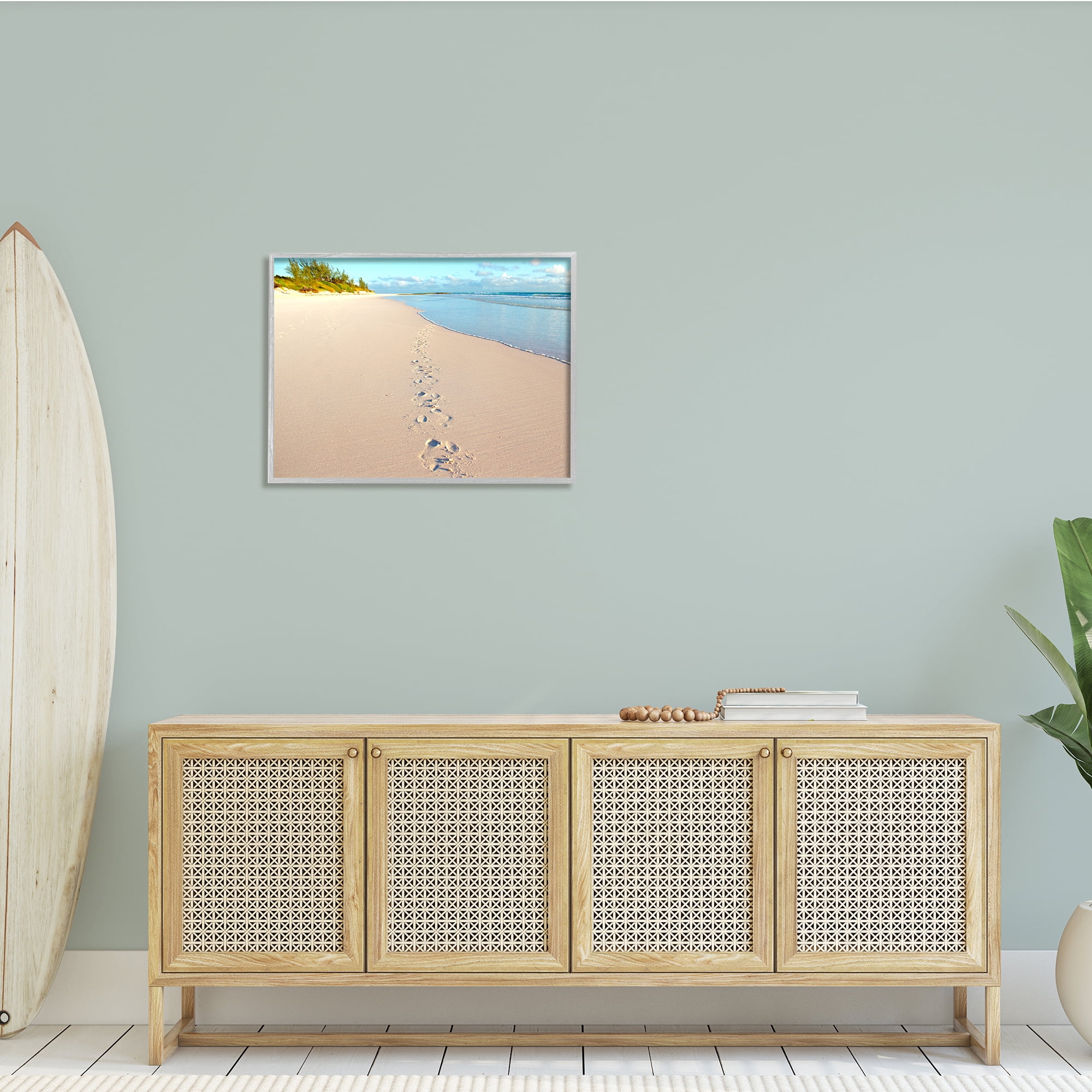 Stupell Indtries Sandy Footprints Across Beach Coastline Cloudy Nautical Horizon,30 x 24,Design by Jairo Rodriguez