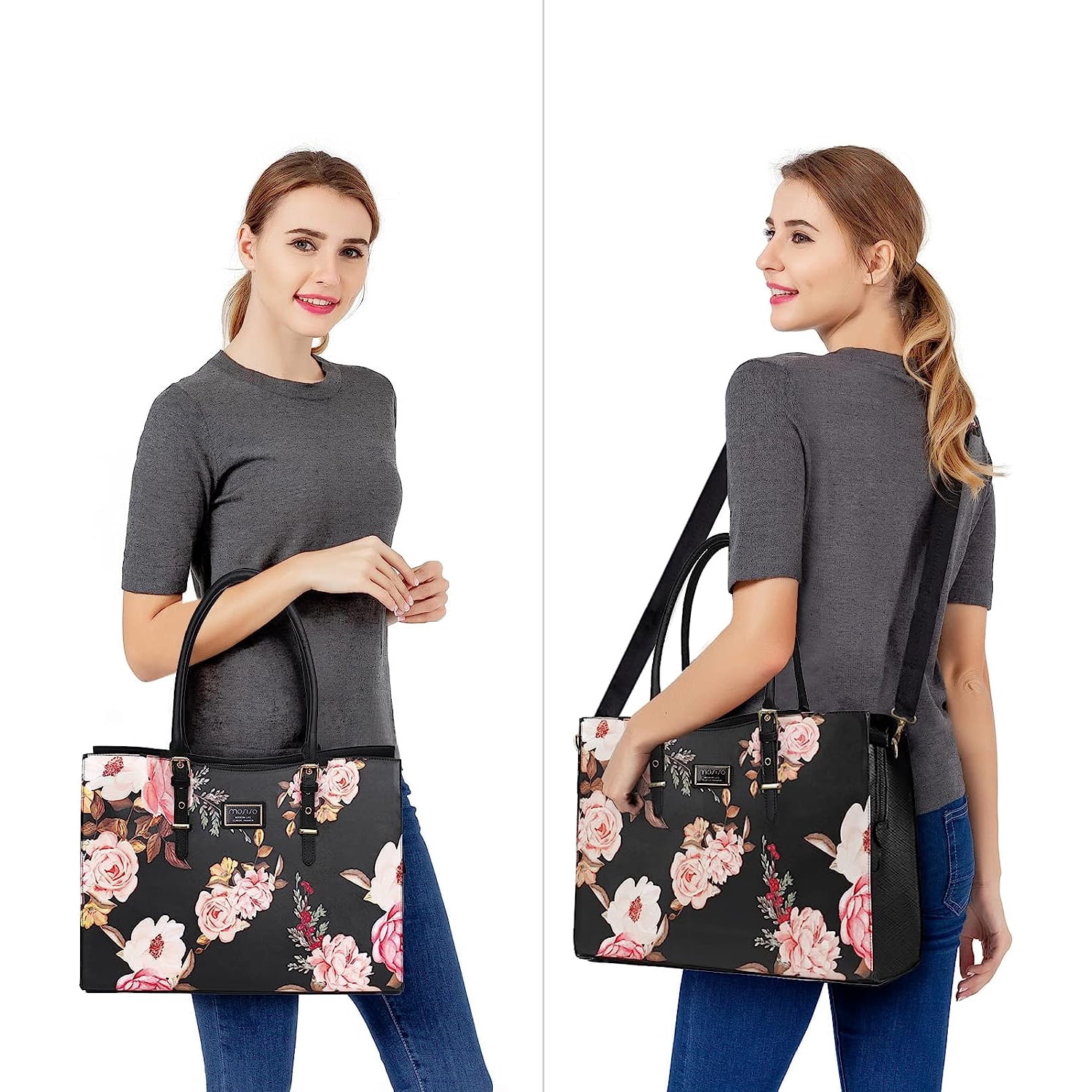 Mosiso PU Leather Laptop Tote Bag for 15-15.6 inch Notebook,Peony Waterproof Business Work Travel Briefcase with Adjustable PU Handle, Black