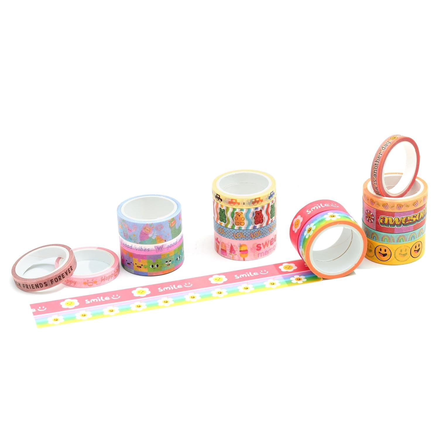 Cute Cartoon Washi Tape Set 16 Rolls Bright Colors Kawaii Masking Graphic Decorative Tapes for Arts, DIY Crafts, Journals, Planners, Scrapbook, Wrapping