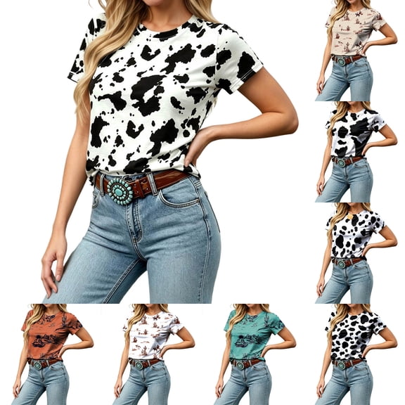 Kcolen Cow Shirts for Women,Western Cow Print T Shirts Women Short Sleeve Crew Neck Cow Shirt for Women Casual Fun Cow Graphic Tee Shirts,White