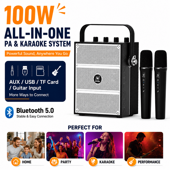 HW HAOWORKS Portable PA System & Karaoke Machine with 2 Wireless Mics, 100W Powerful Pro Sound Bluetooth Party Speaker, Support USB/TF/AUX/Guitar for Outdoor/Home Events - S99