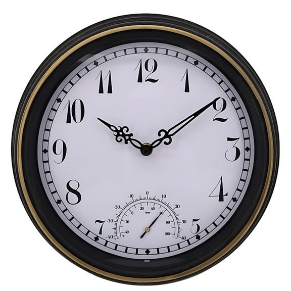 12 in / 30.5 cm Outdoor Wall Clock with Thermometer Waterproof,Round Black and Gold Design, Large Numbers PVC Frame, Vintage Style Clock for Patio and Garden