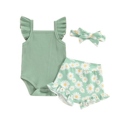 

Newborn Baby Girls Shorts Set Fly Sleeve Romper with Flower Print Shorts and Hairband Summer Outfit