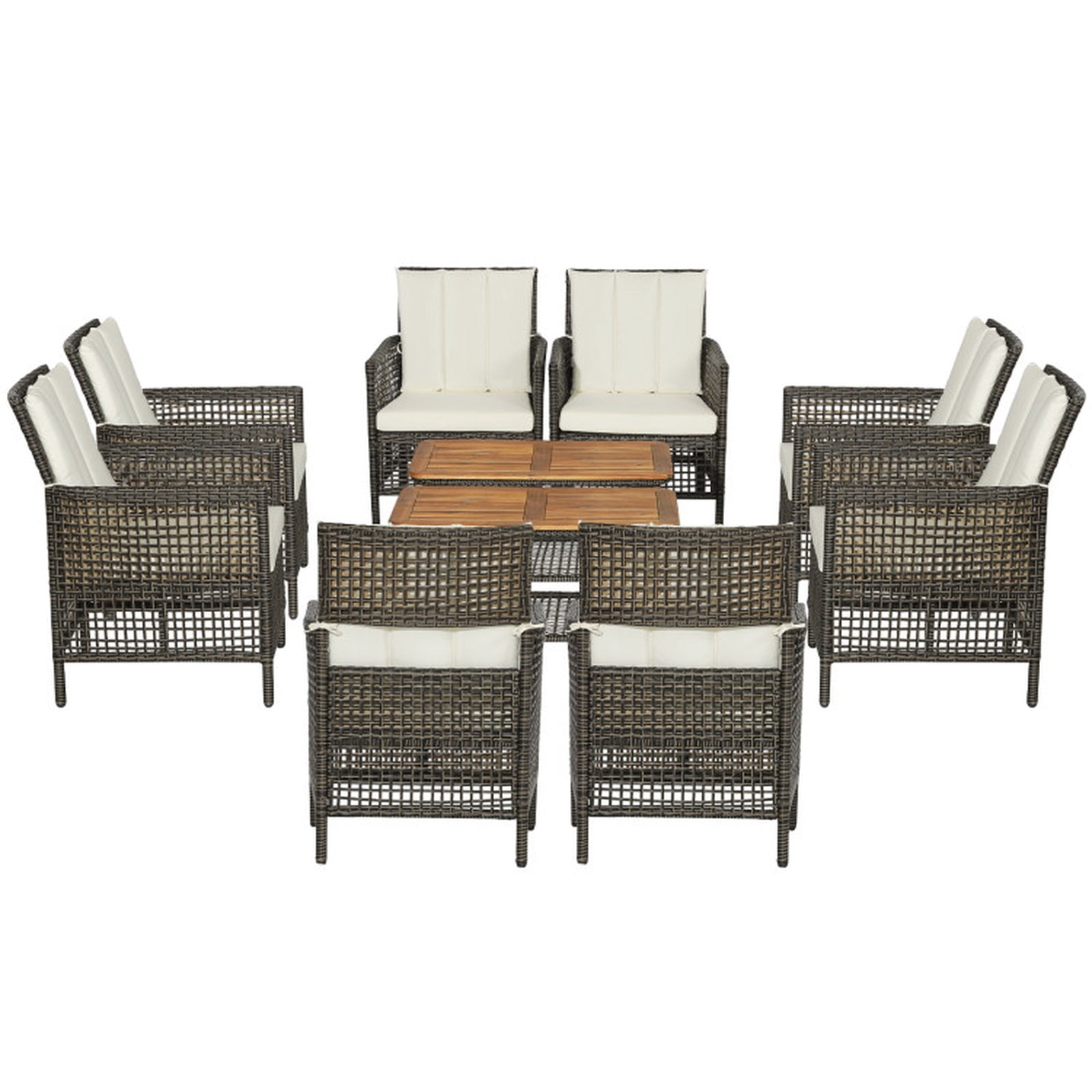 Furnibear 5 Piece Patio Rattan Furniture Set Outdoor Wicker Sectional Sofa Set with Cushions Armrest and Acacia Wood Tabletop, Off White