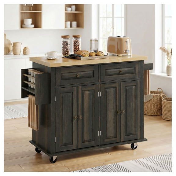 44" Kitchen Island Cart on Wheels, Mobile Island with Storage, 2 Drawers, Cabinets, Brown Wood