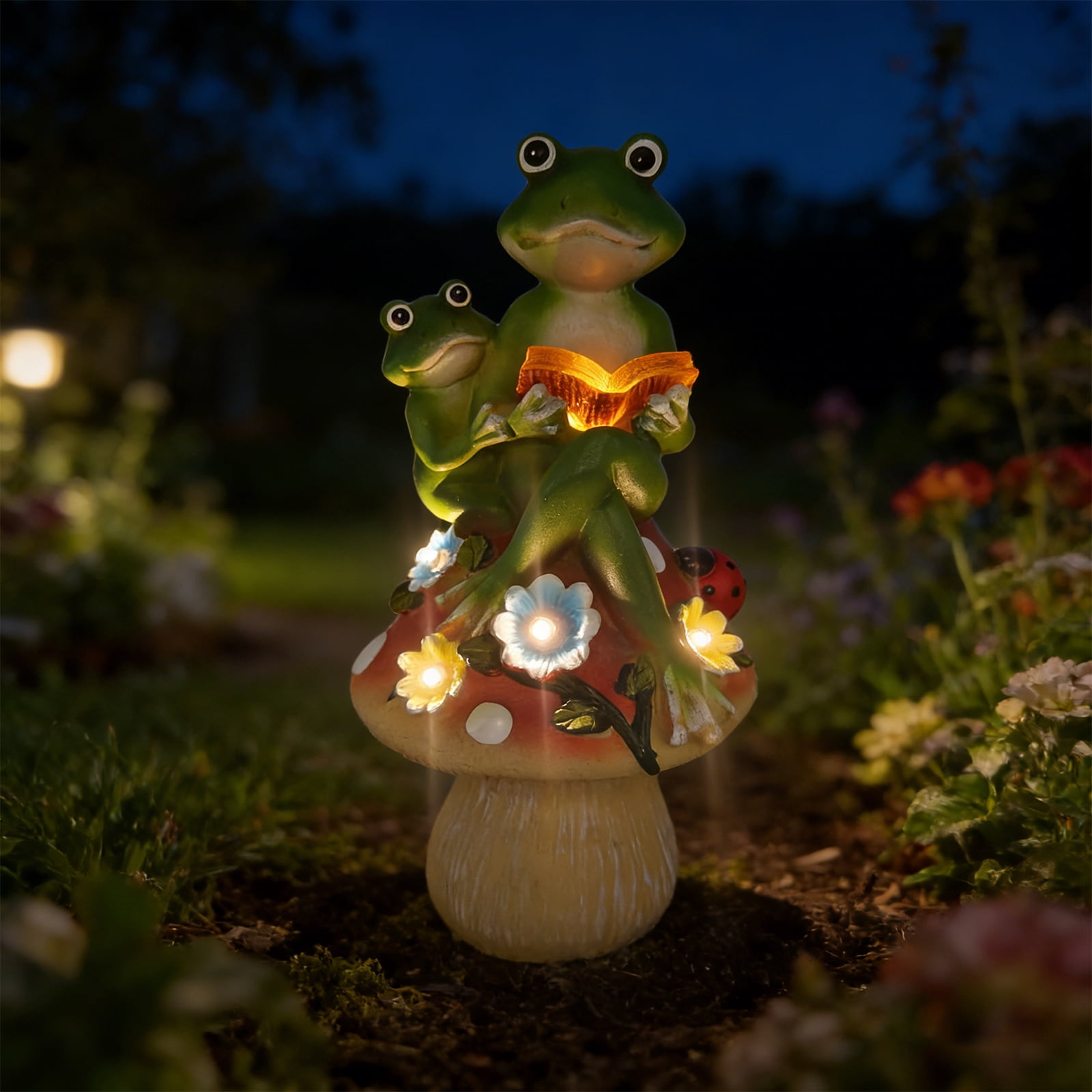 Garden Statues Frogs Outdoor Decor, Resin Frogs Figurines Lights Sculptures with Solar Light, Lovely Frogs with Mushroom for Garden Patio Yard