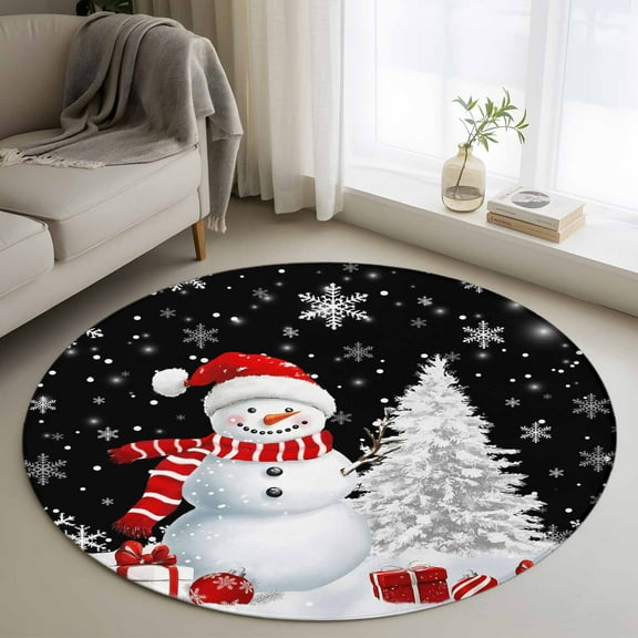 Black Christmas Round Rug 3ft Washable Circle Entryway Rugs Non Slip Snowman Snowflake Gifts Xmas Tree Area Rug Indoor Floor Carpet for Bedroom Kitchen Living Room Home Office Dining Room Nursery
