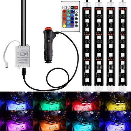 TSV LED Interior Car Lights 4pcs 7 Color RGB 36 LED Decorative Atmosphere Neno Lights Strip Waterproof Underdash Lighting Kit with Wireless Remote Control and Car