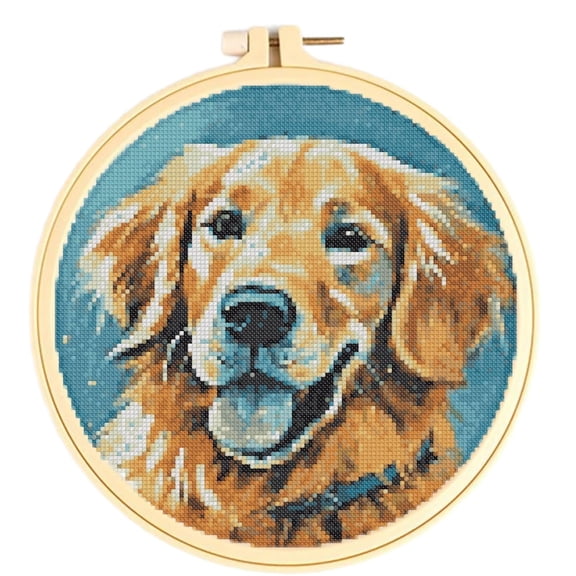 Easy Cross Stitch Kits for Starter Kits Golden Retriever DIY 11CT Pre-printed Patterns Embroidery Needlepoint Cross Stitching Needlework Kit Set Supplies with Hoop 38x38cm