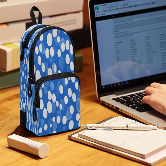 Backpack Pencil Case, 3 Compartment Large Capacity Oxford Fabric Pencil Pouch / Blue White Polka Dot