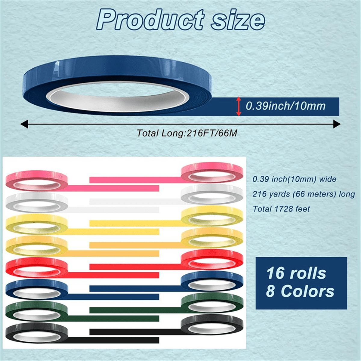16 Rolls of Tape for Instruments Identification, 216 Ft/L x 0.4 In/W Colors Autoclave Tape - Autoclavable 270°F(8 Color)