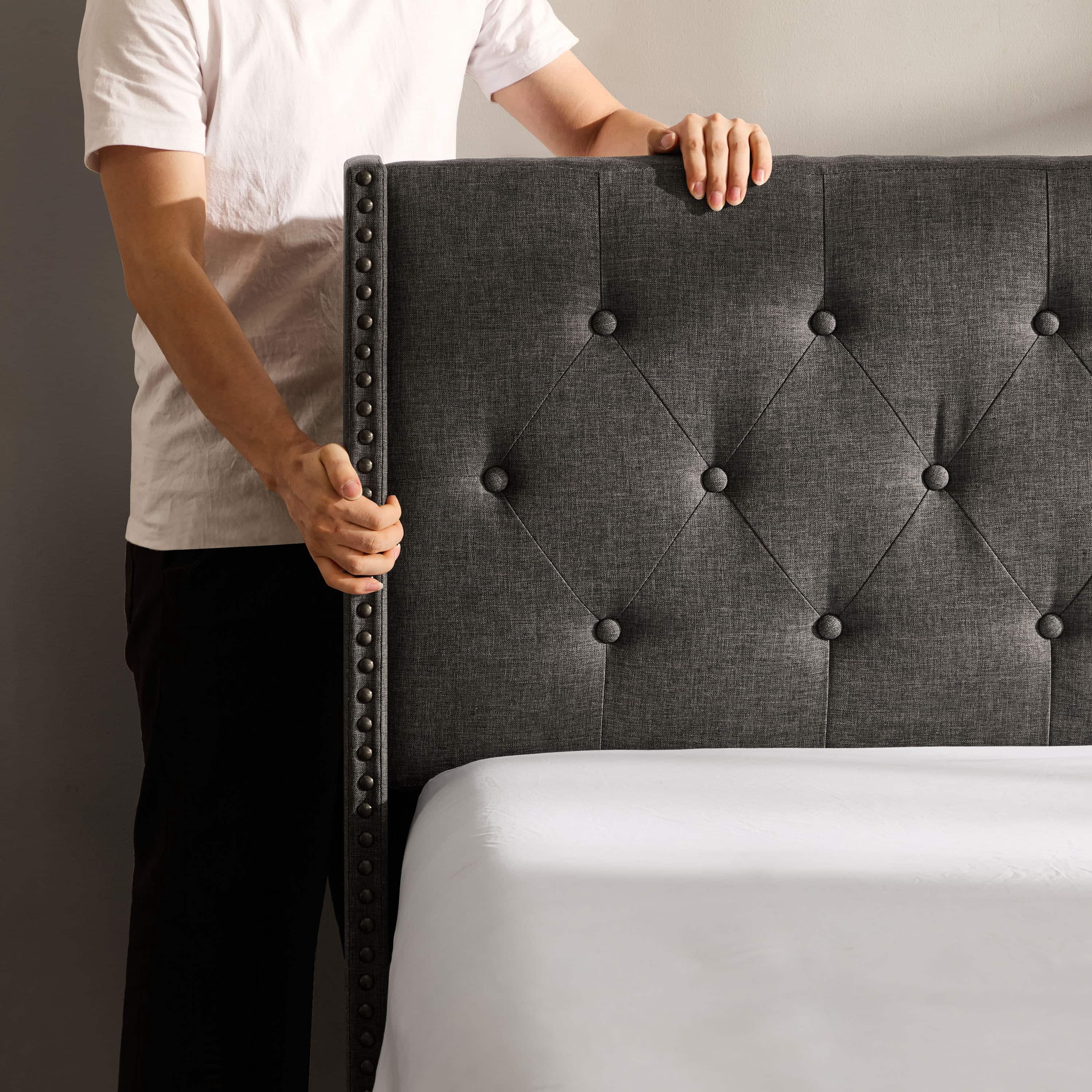 Lammaloe King Size Platform Bed Frame with Wingback Diamond Upholstered Headboard, Grey, King