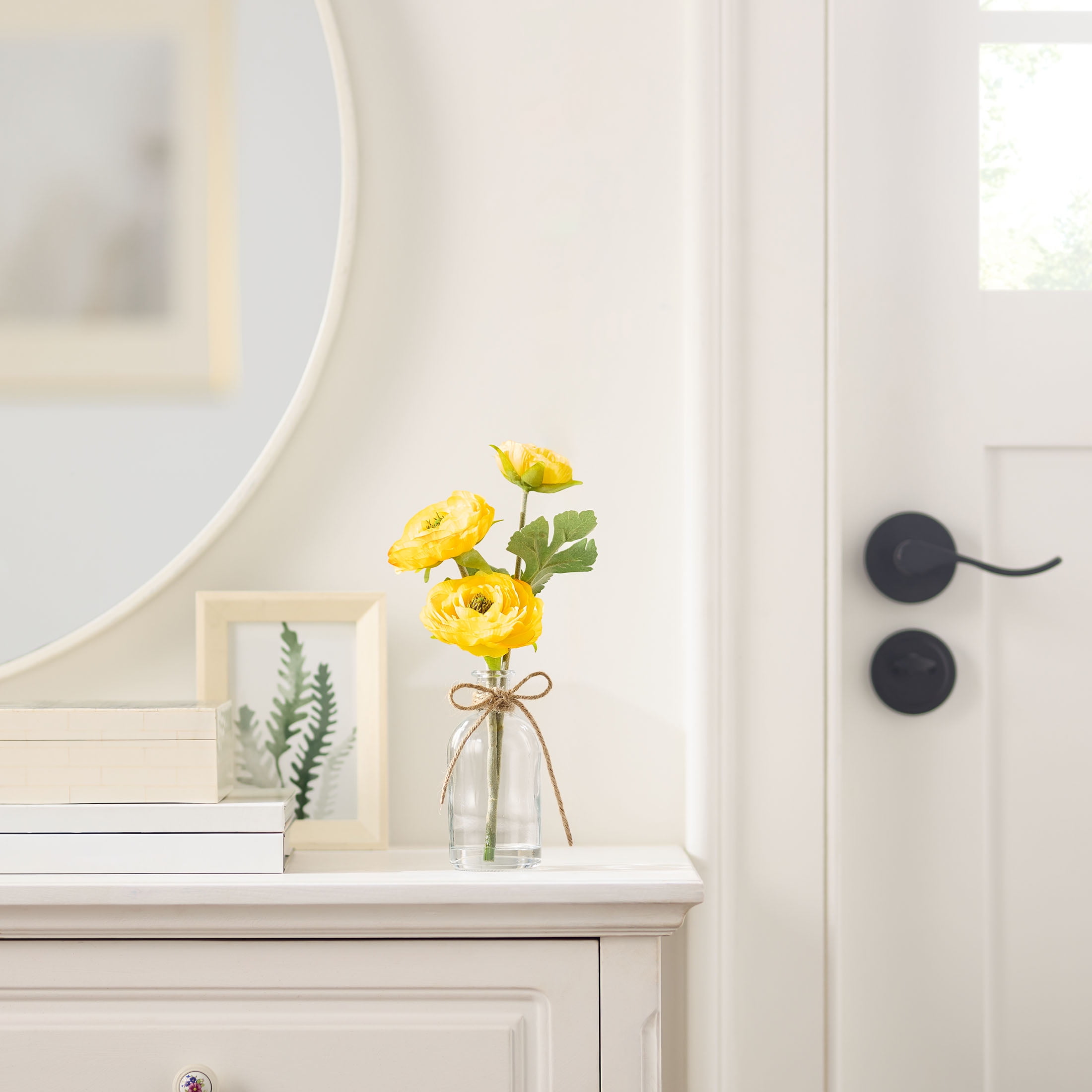 Mainstays 11.5 in Artificial Silk Yellow Flower in Clear Glass Bottle