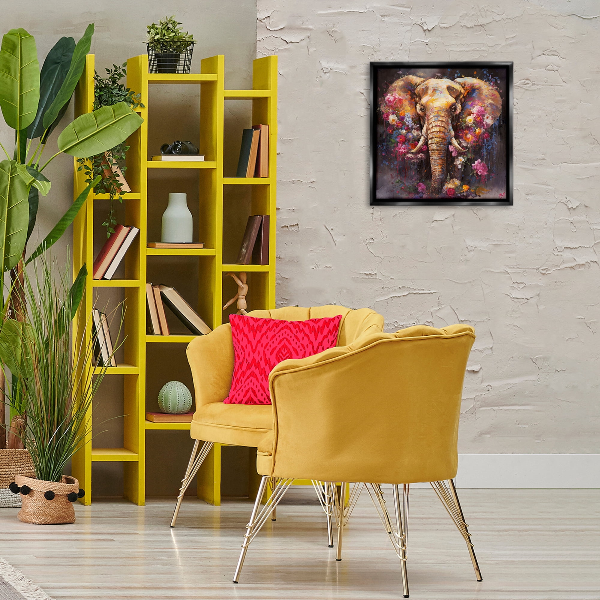 Stupell Industries Flower Swathed Elephant Animals Painting Black Floater Framed Canvas Art Print Wall Art, 18 x 18
