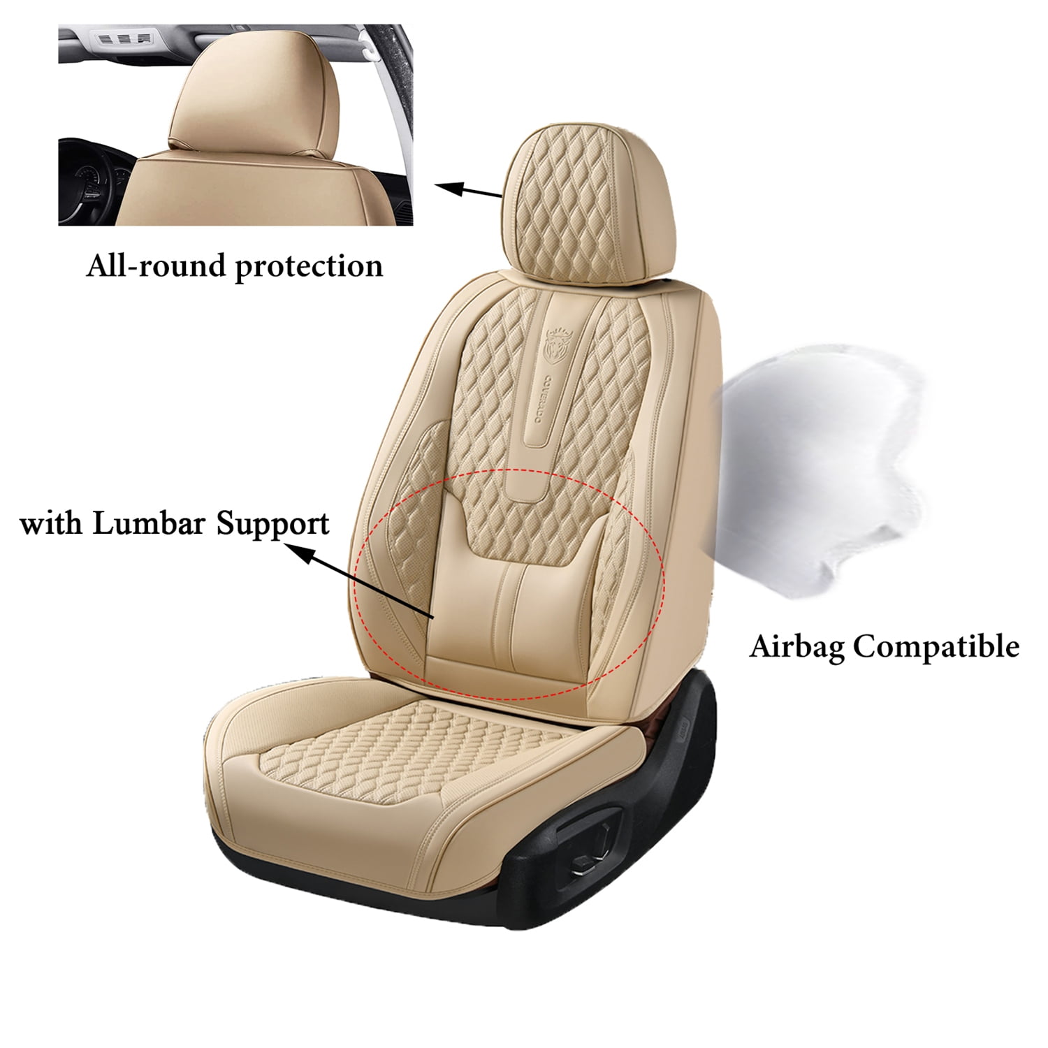 Coverado Beige Car Seat Covers Front, Waterproof Faux Leather Auto Seat Protectors with Lumbar Support, Luxury Automotive Interior Accessories Universal Fit Most Cars SUV Trucks
