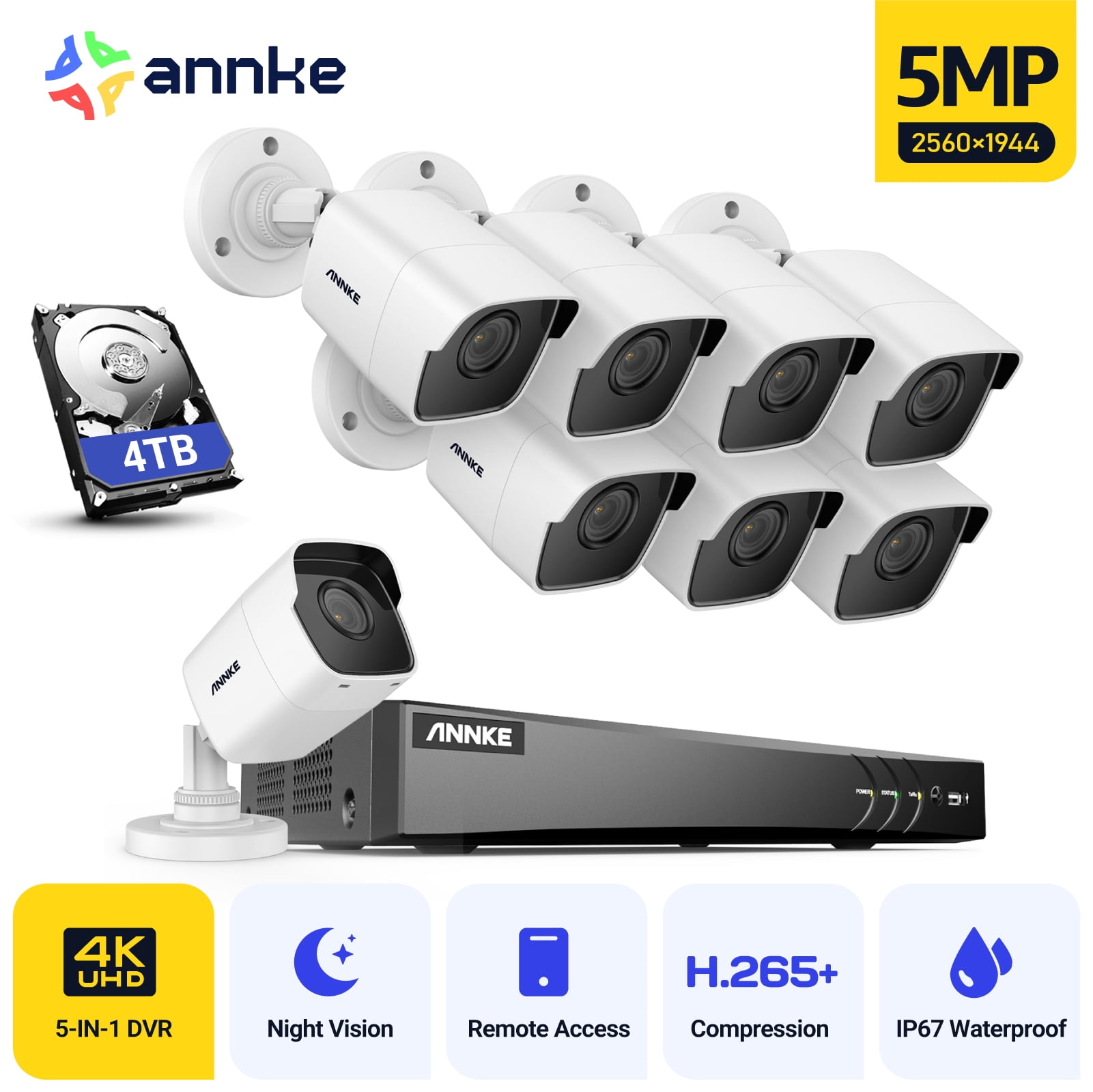 ANNKE 4K 8CH Security Camera System Outdoor with AI Human/Vehicle Detection, H.265+ 5-in-1 DVR Recorder and 8pcs 5MP IP67 CCTV Outdoor Bullet Cameras with Night Vision, Smart IR, 4TB HDD