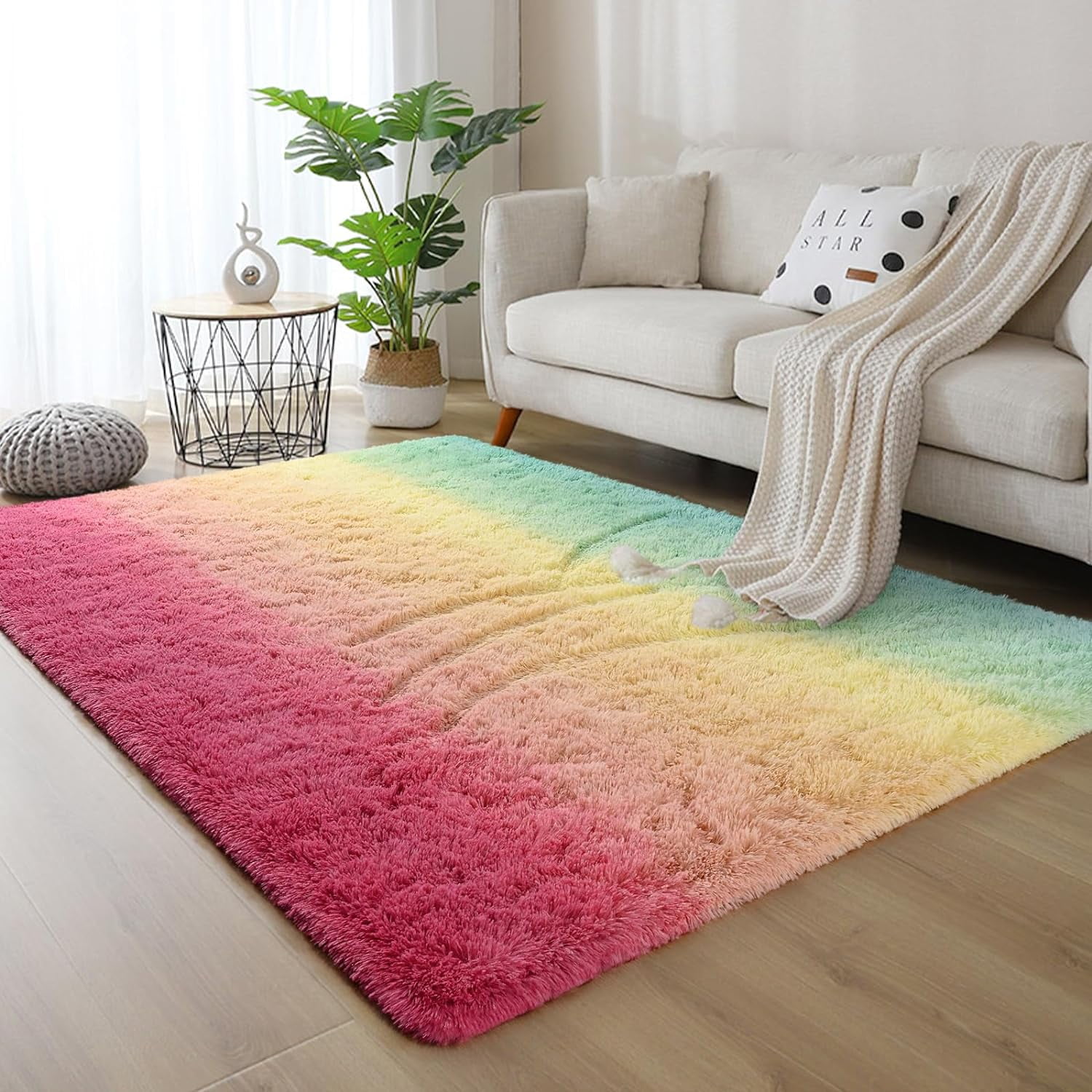 Junovo Gradient Modern Rugs Shaggy Rug Carpets for Bedroom, Living Room,Kids Room,5'x8',Green/Pink