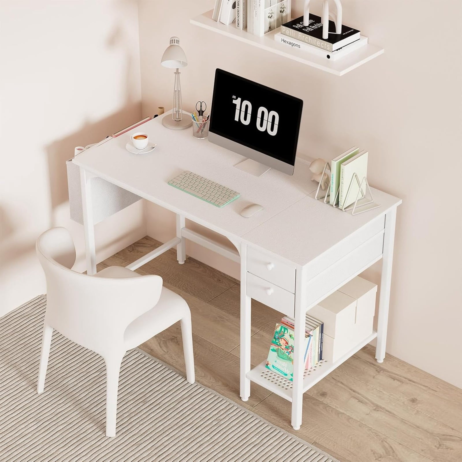 JEZWX 40" White Small Desk with Drawers for Home Office