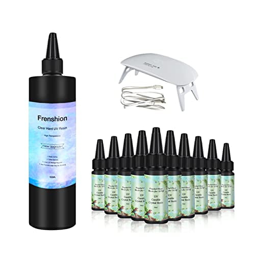 Lampe Incluse - Mise à Niveau de 500 g Résine UV Polymérisation Rapide en 1 Minute! Type Dur Résine Époxy Transparente Cristal + 10 Pcs Colle Époxy Cristal 30 ml Durcissable pour Bricolage Artisanat Bijoux Boucles d'Oreilles Collier Bracelet