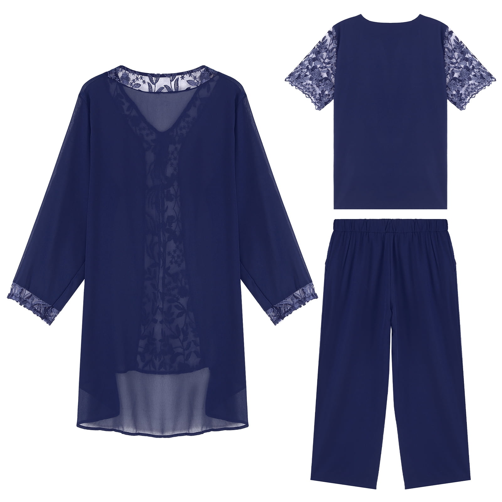 YONGHS Women's Chiffon 3 Pcs Pants Suits Mother of Bride Wedding Guest Formal Evening Gown Navy Blue XXL/2XL