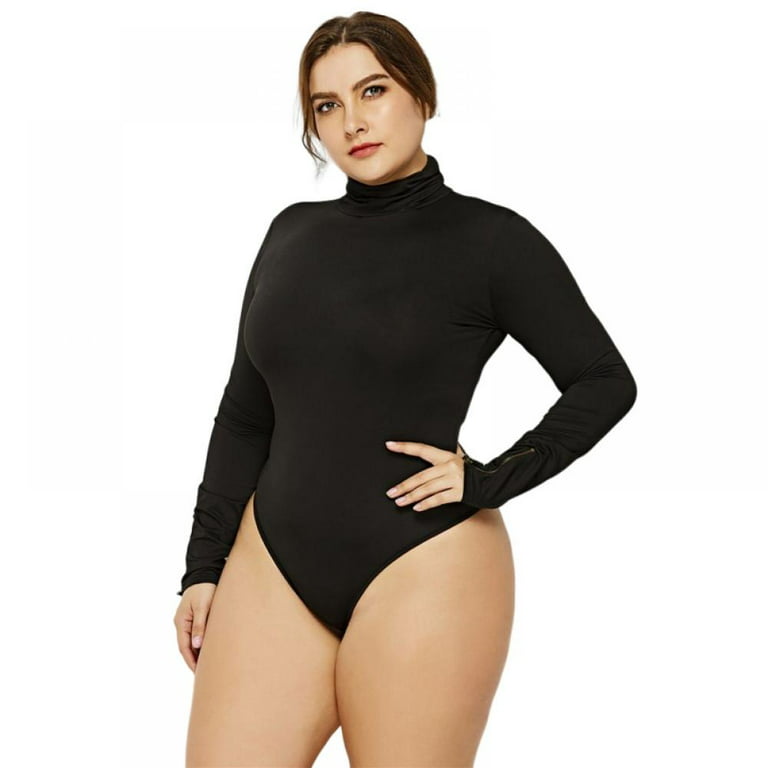 Baywell Women's Plus Size Zipper Long Sleeve Bodysuits Basic Leotard  Black(Turtleneck) XL-6XL