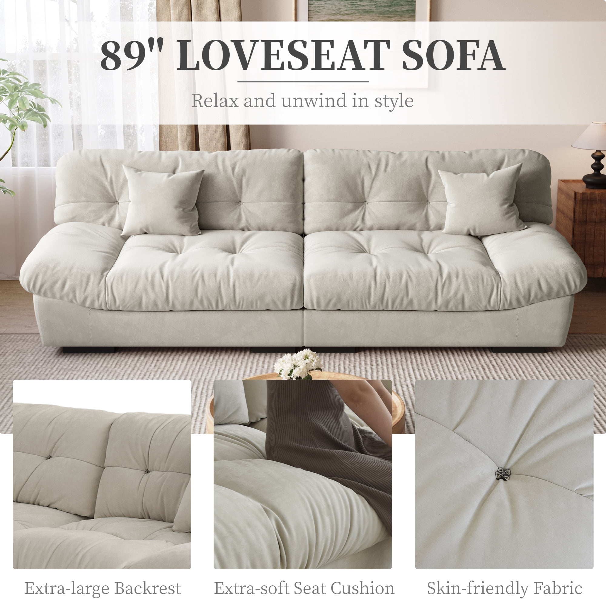 Magic Home 89" Cloud Sofa,Modern Velvet Couch,3-Seat Sofa for Living Room,Apartment and Small Space,Beige