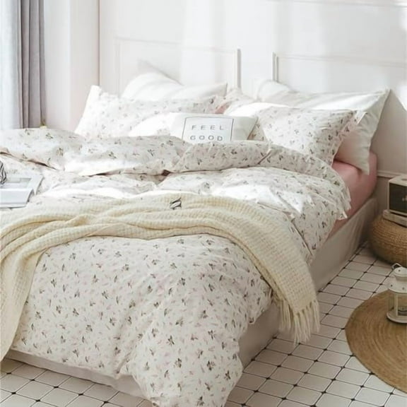 HighBuy Floral Comforter Set Full Size White Pink Floral Bedding Comforter Sets Full Bed Bedding Sets Aesthetic Botanical Comforter Set Vintage