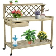 Arlopu Garden Potting Bench with Wheels, Wooden Workstation Table with Cabinet Drawer, Open Storage Shelf