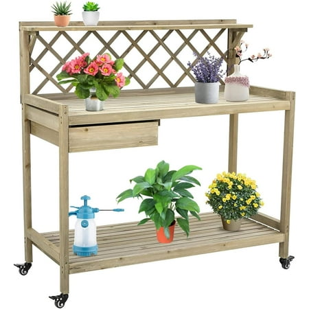 Arlopu Garden Potting Bench with Wheels, Wooden Workstation Table with Cabinet Drawer, Open Storage Shelf