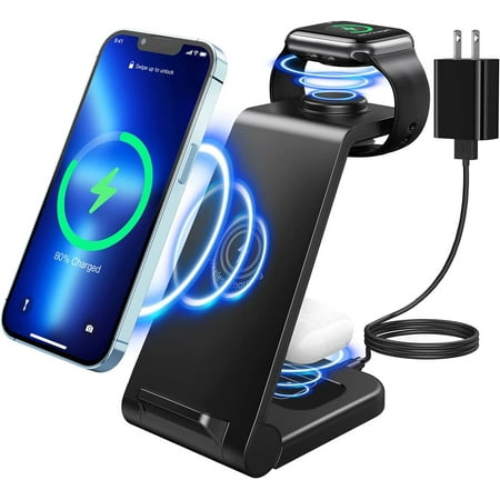 Wireless Charger, 3 in 1 Qi-Certified Fast Wireless Charging Station Compatible with iPhone 14/13/12/11/Pro Max/12 Mini/11 Pro/XR/8 Plus, Charging Stand Dock for Apple Watch Series, AirPods