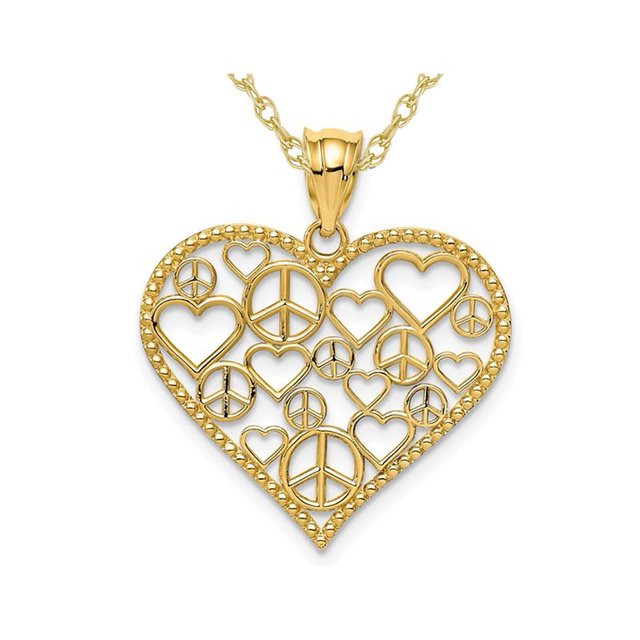 14K Yellow Gold Peace Heart Charm Pendant Necklace with Chain