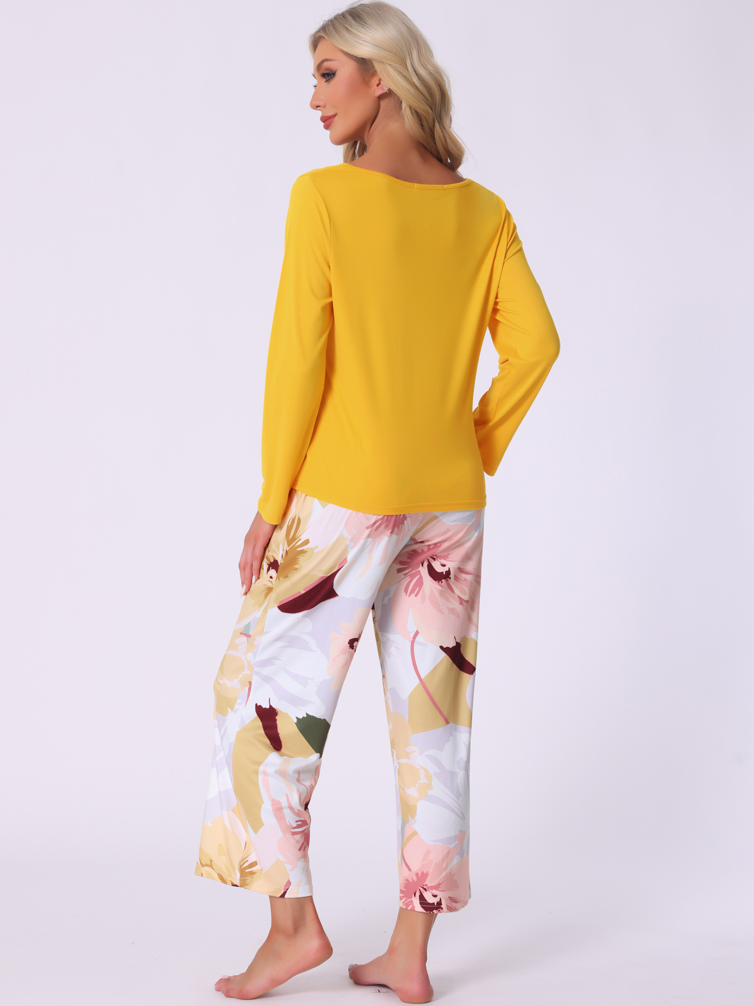 DARING DIVA Long Sleeve Floral Capri Soft Strechy Pajama Sets 2 Pieces S Yellow