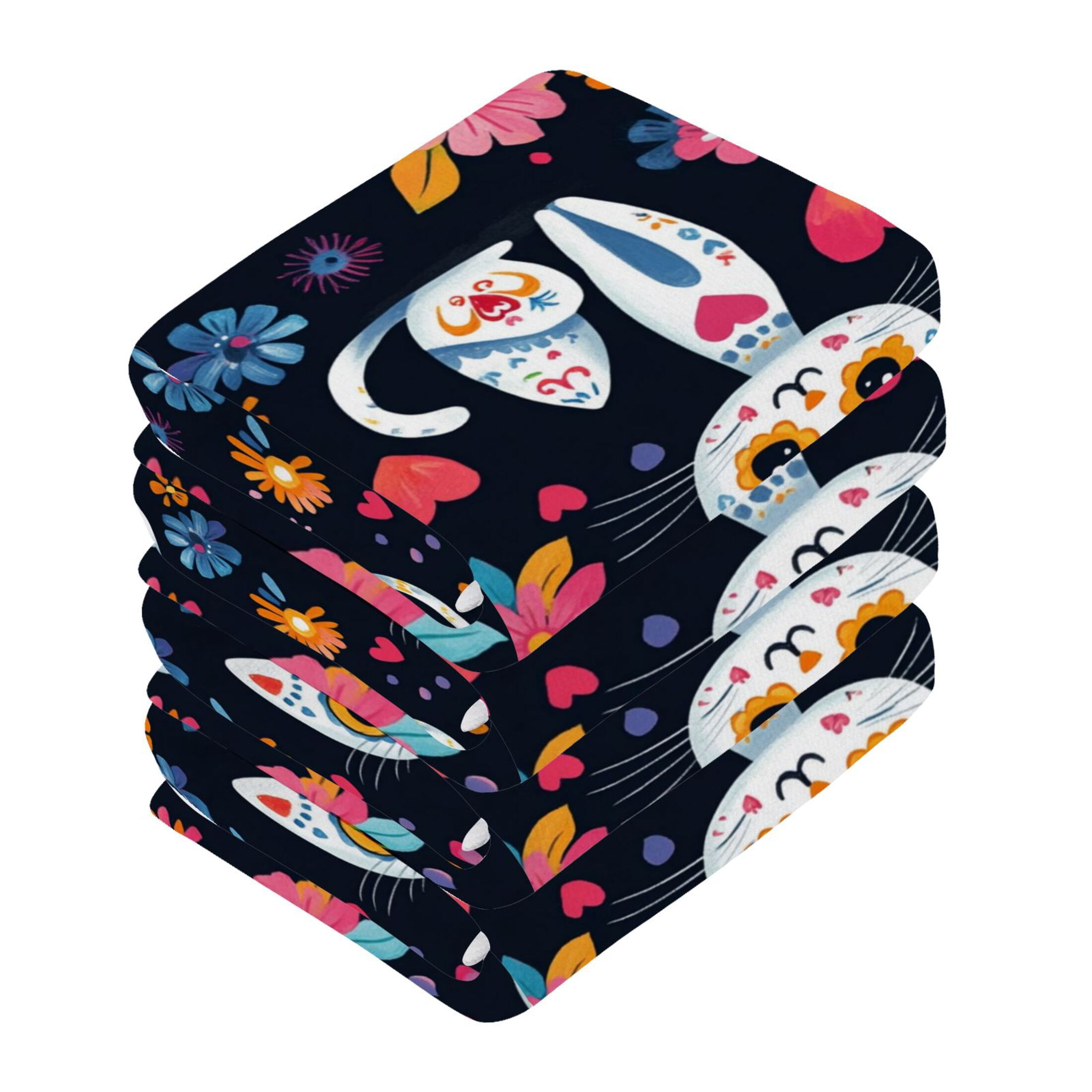 Playful Colorful Cat Pattern 100% Cotton Face Towel 12x12in Soft Absorbent Washcloth Durable Printed Hand Towels for Bathroom Travel 6 Pcs
