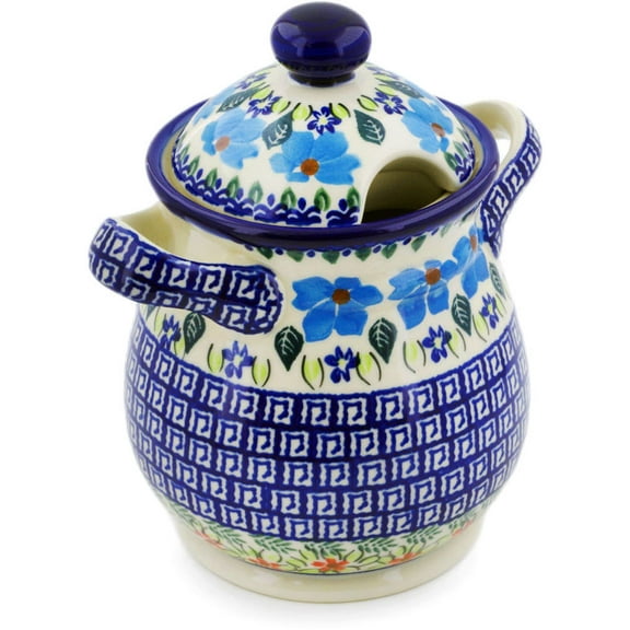 Polish Pottery 8-inch Jar with Lid and Handles (Pansy Morning Theme) Hand Painted in Boleslawiec, Poland Certificate of Authenticity