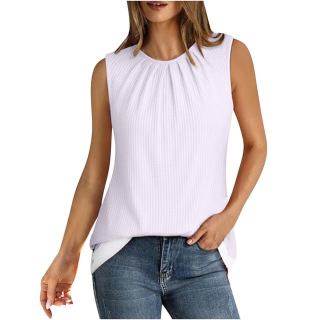 Chbgutlmr Tank Tops for Women Casual Crewneck Sleeveless Solid Color Fitting Ruched Comfy Summer Tops