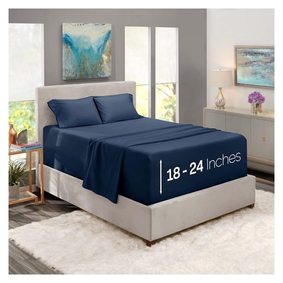 Huang zhong wen Extra Deep Pocket Sheets - Fits Mattress 18-24 Inches Deep, Extra Deep Pocket California King Size Sheets, 4 Piece Cal King Sheets, Cal King Sheets Deep Pocket, Navy Blue