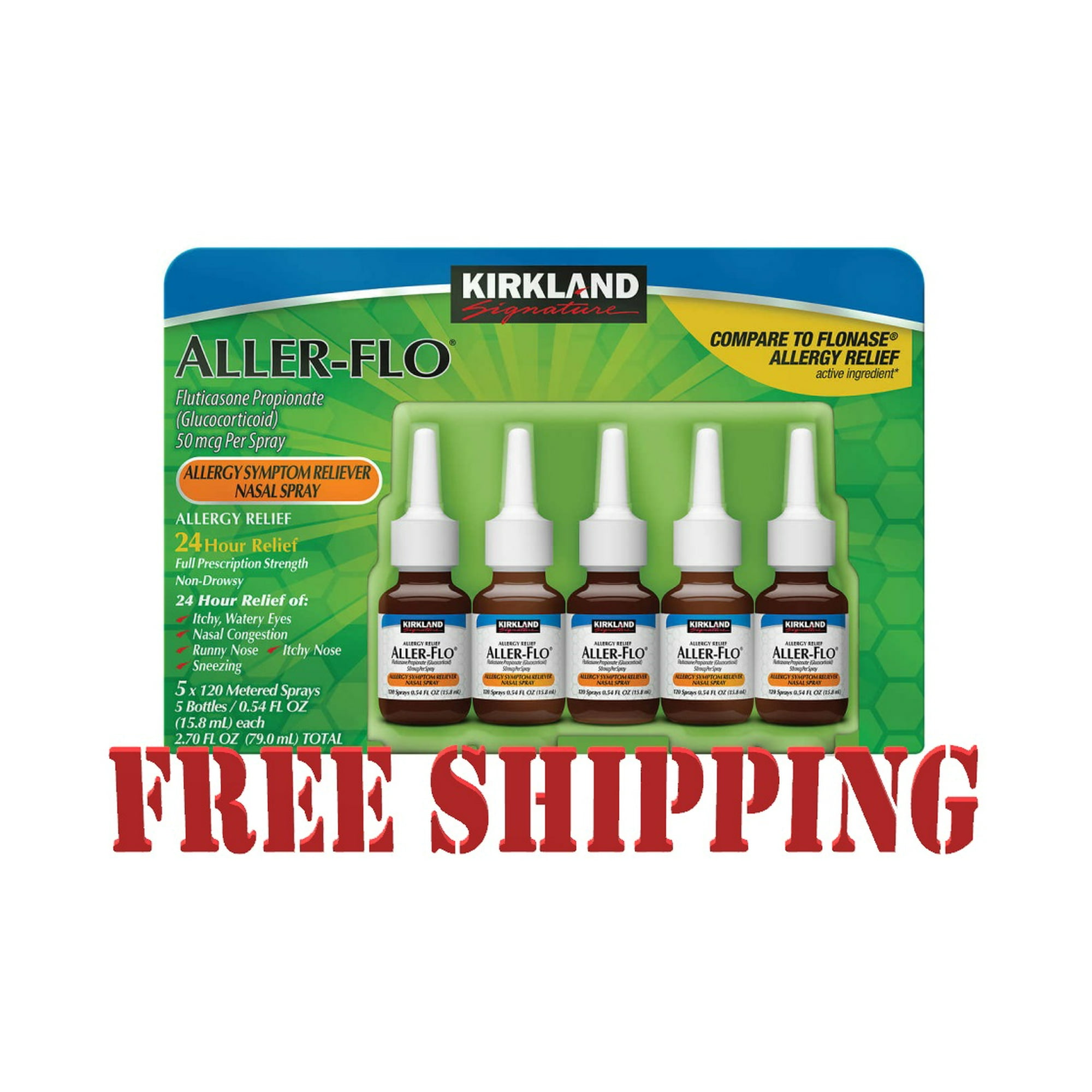 Aller-Flo Fluticasone Propionate (Glucorticoid) 5 bottles x 120 Metered Sprays .54 Fl OZ per bottle