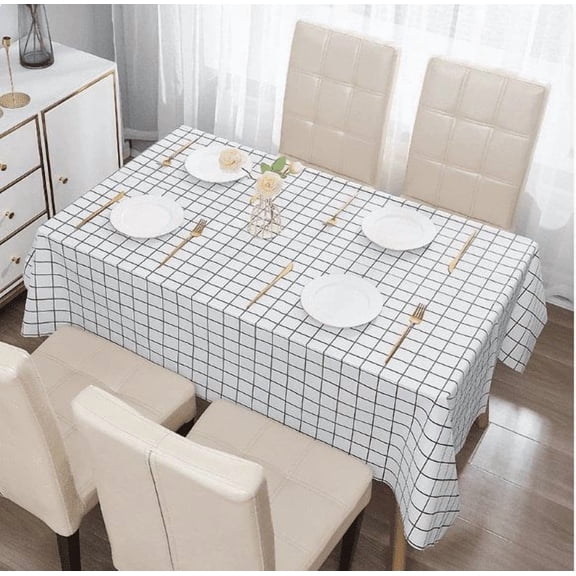 PEVA Tablecloth, Waterproof Tablecloth with White Plaid Pattern, Wipeable Oil-proof Plastic Tablecloths for Kitchen Dining Table and Coffee Tables, Nordic Style Home Decor, 54 x 71 in / 137 x 180 cm