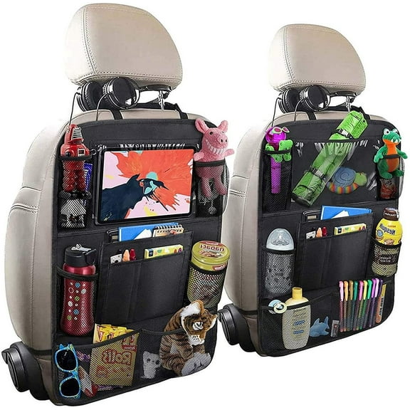 Car Backseat Organizer with 10" Table Holder, 9 Storage Pockets Seat Back Protectors Kick Mats for Kids Toddlers, Travel Accessories, 2 Pack