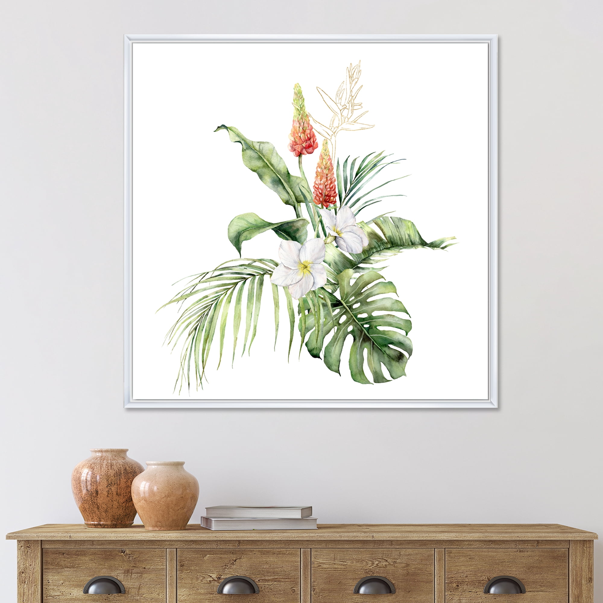 Tropical Bouquet With Plumeria Lupine Palm Leaves 16 in x 16 in Framed Painting Canvas Art Print, by Designart