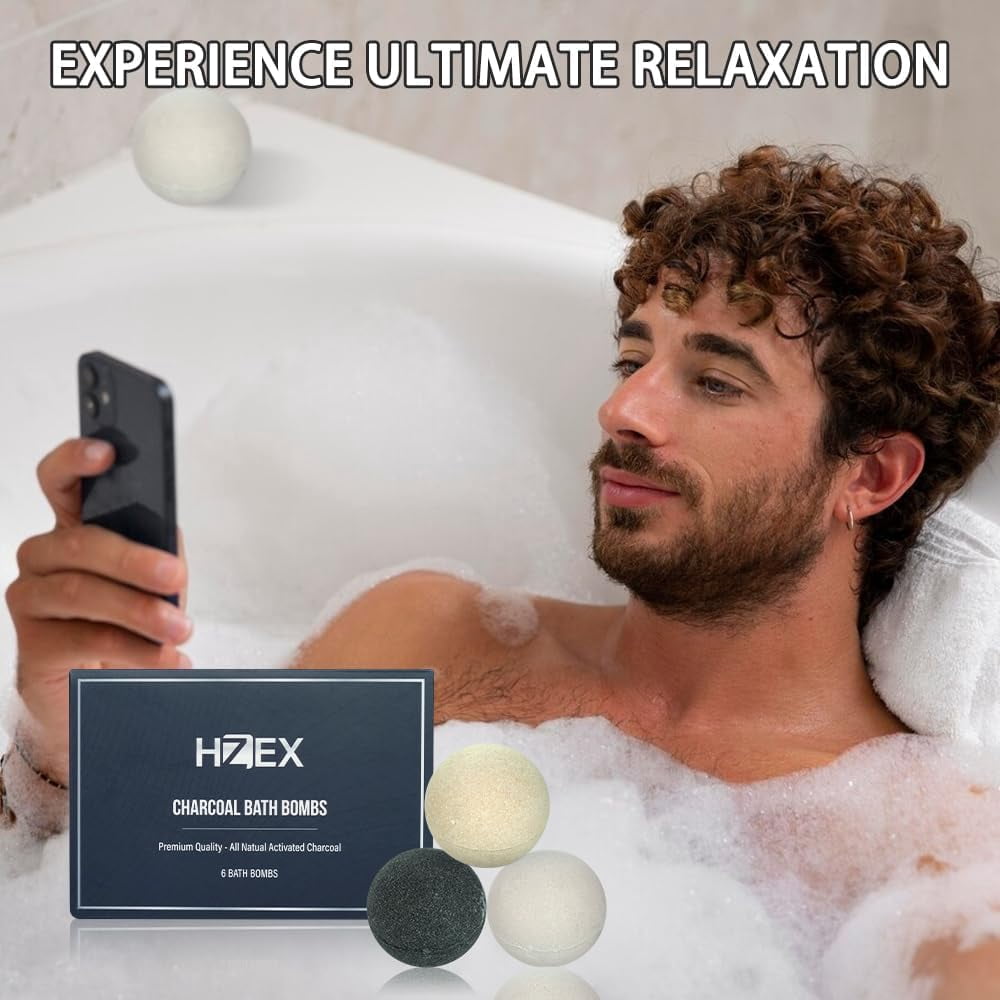 Bath Bombs, HZEX Luxury Charcoal 6 Large Natural Bathbomb Fizzes for Men Women, Organic Bath Bomb with Essential Oils and Shea Butter, Stress Relief and Relaxation, Detox with Charcoal Bathbombs