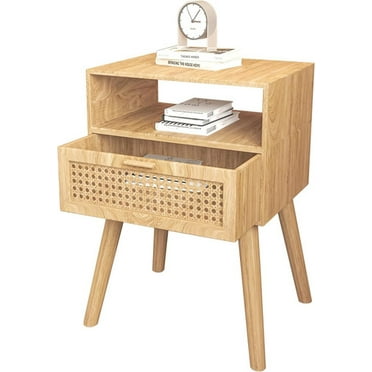 Nightstand with Rattan Door Wooden Bedside Table End Table Drawer Storage