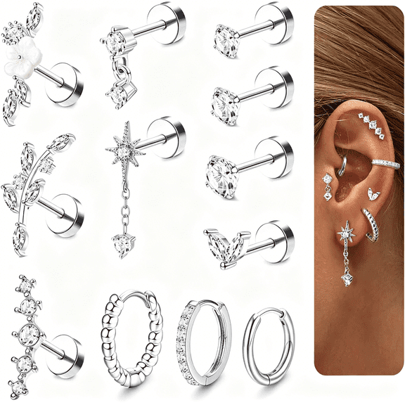 DESIGNICE 16 Gauge Cartilage Earrings for Women Flat Back-Hypoallergenic Surgical Stainless Steel Stud Hoop Cartilage Earring Set Daith Conch Tragus Helix Piercing Jewelry Single Pc