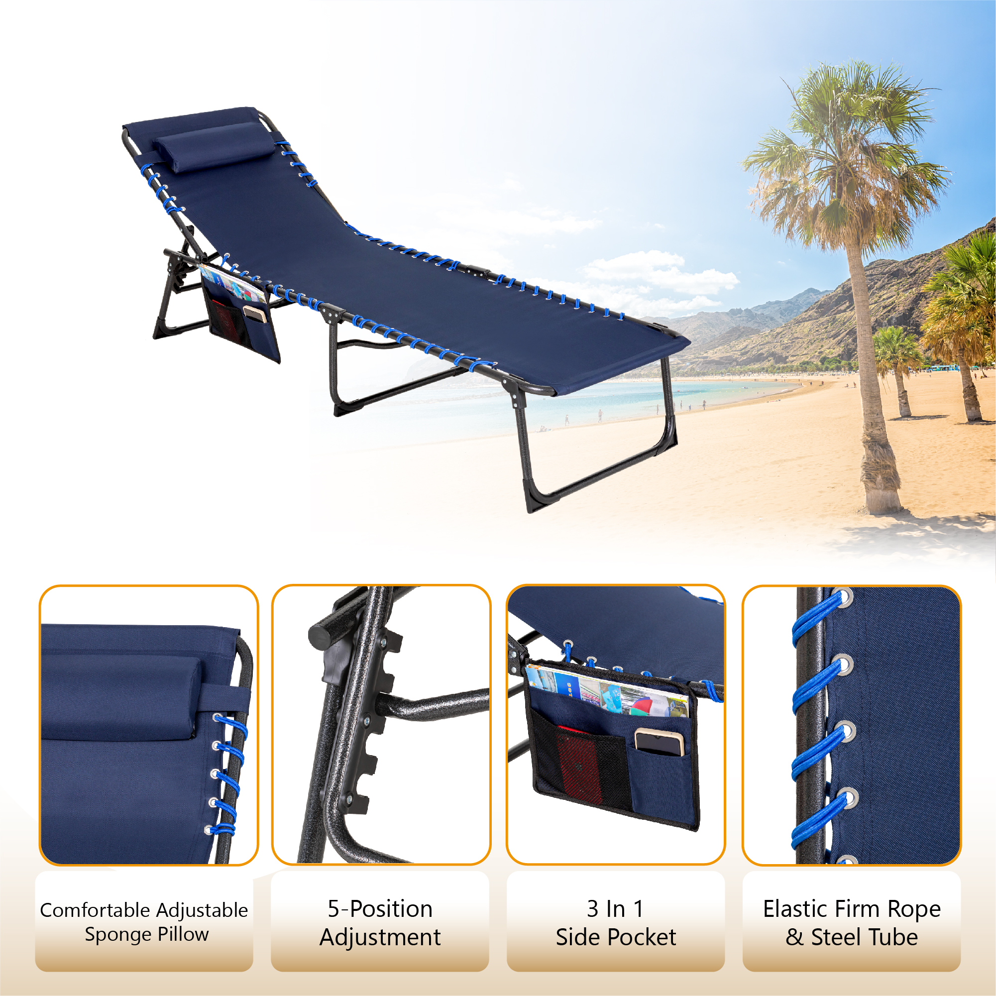 Alpha Camper Folding Chair with W/Pillow & 5 Position Adjustable Backrest for Patio, Camping, and Poolside, Navy - image 5 of 11